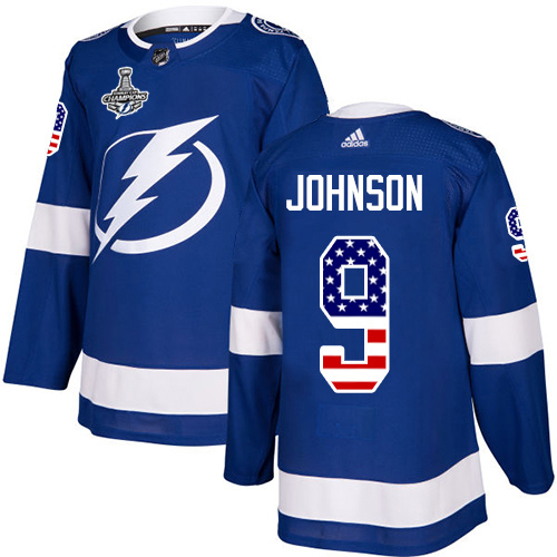 Men Adidas Tampa Bay Lightning #9 Tyler Johnson Blue Home Authentic USA Flag 2020 Stanley Cup Champions Stitched NHL Jersey